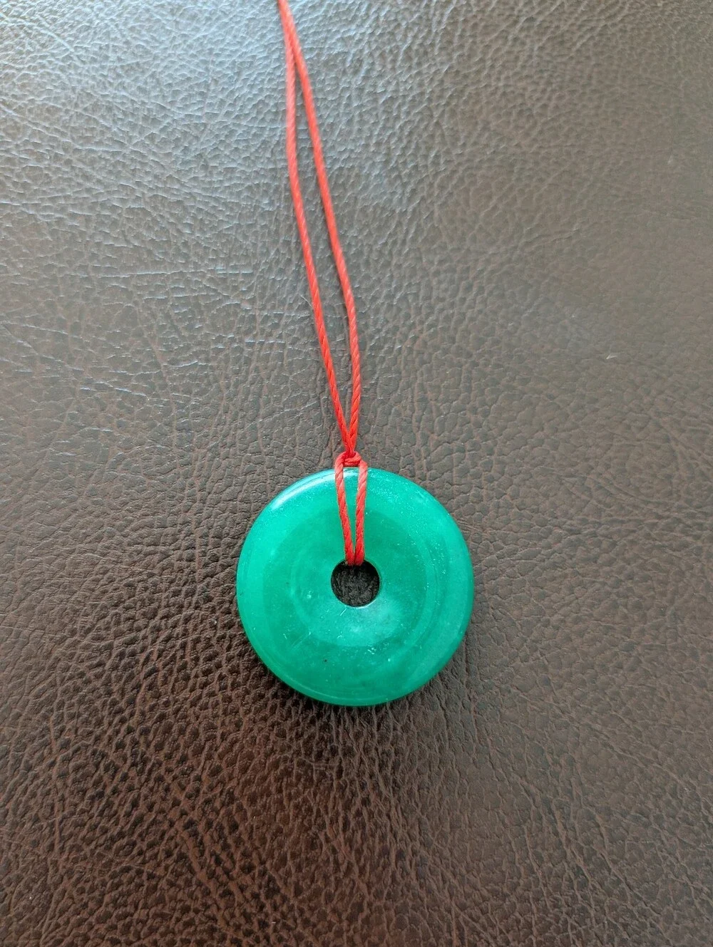 Red Cord Necklace with Green Genuine Jade Donut Pendant